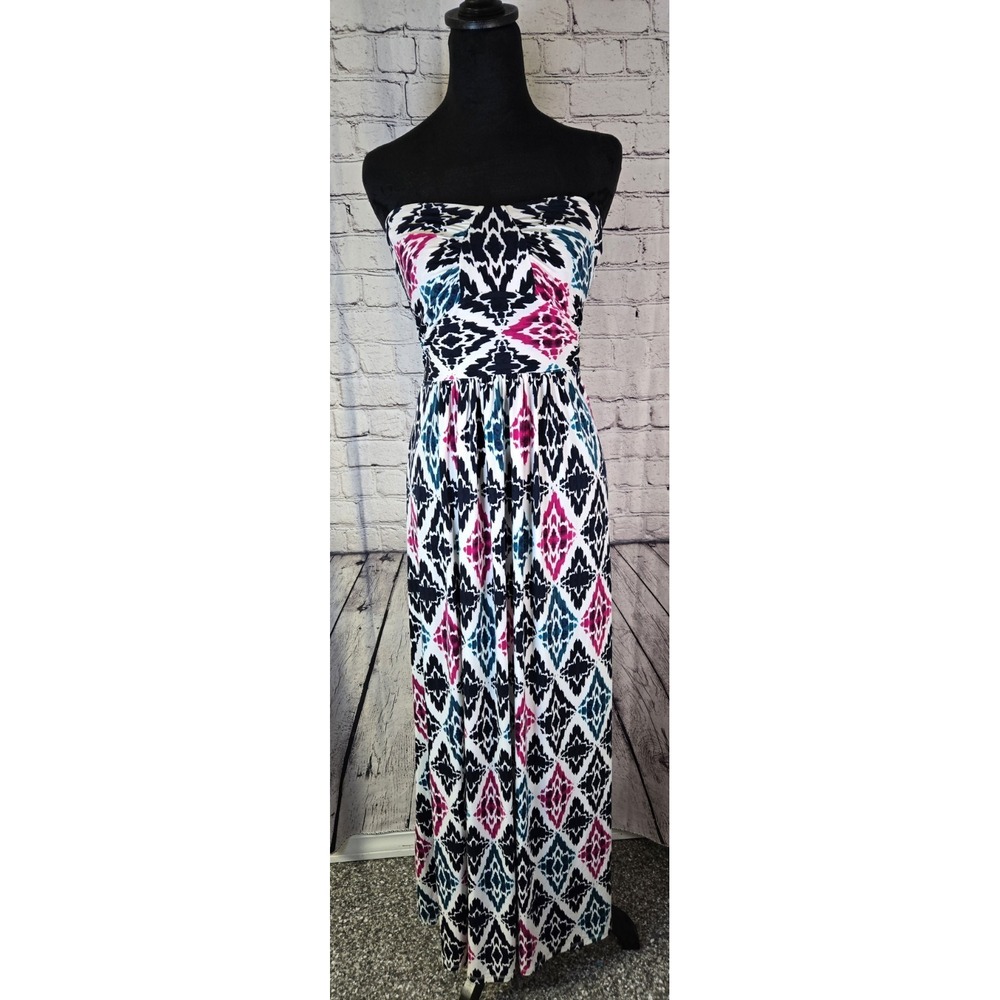 Ann Taylor Strapless Geometric Print Maxi Dress Stretch Knit Sz 4 Black White